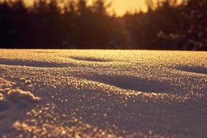 neve em primeiro plano em uma noite gelada de inverno ao pôr do sol foto