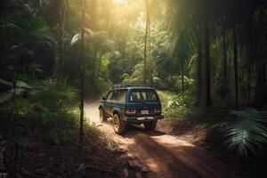 quatro roda dirigir suv é dirigindo em turvar estrada dentro selva. jipe em safári. criada com generativo ai foto