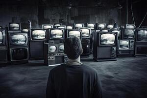 pessoas assistindo uma muitos do retro televisões. propaganda e falso notícia conceito. políticos manipular sociedade com Socorro do público televisão. criada com generativo ai foto