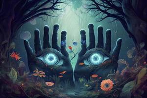 misticismo pano de fundo com Magia floresta flores e mãos com olhos assistindo foto
