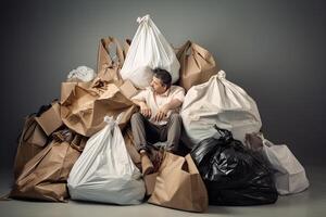 homem senta em topo do pilha do lixo bolsas. conceito do consumo excessivo e poluição do meio Ambiente de humano desperdício. criada com generativo ai foto