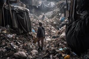 mamãe em pé dentro uma enorme despejo com uma muitos do plástico desperdício e vários usava lixo. de Meio Ambiente poluição conceito. criada com generativo ai foto