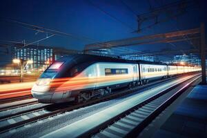 moderno Alto Rapidez trem às noite. velozes trem dentro cidade com movimento borrão efeito, público transporte. estrada de ferro transporte. criada com generativo ai foto