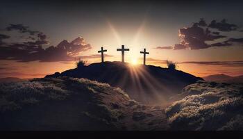 Jesus Cristo às nascer do sol três cruzes em Colina generativo ai foto