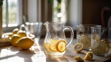 tranquilo país cozinha contador com uma jarro do fresco limonada - generativo ai. foto