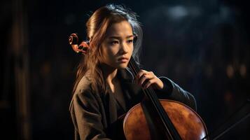 jovem ásia menina jogando dela violoncelo às a show corredor debaixo dramático luzes - geração ai. foto