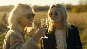 dois amigas desfrutando a pôr do sol e óculos do vinho dentro a país - geração ai. foto