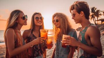jovem adulto amigos com tropical bebidas apreciar a pôr do sol em seus período de férias - geração ai. foto