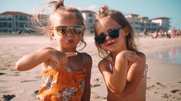 dois jovem amigas posando vestindo oculos de sol tendo Diversão em a de praia - geração ai. foto