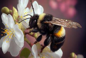 abelha encontro pólen em Primavera flores - generativo ai. foto