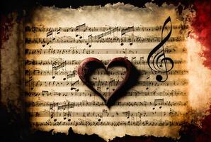 coração e música pergaminho papel - generativo ai. foto