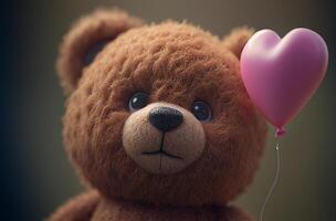 fofa confuso Urso de pelúcia Urso segurando uma coração balão em uma corda - generativo ai. foto
