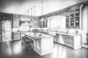 arquitetônico rude exploração desenhando do uma personalizadas cozinha interior - generativo ai. foto