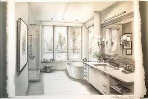 arquitetônico rude exploração desenhando do uma personalizadas banheiro interior - generativo ai. foto
