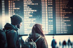 infeliz e estressado jovem adulto casal às aeroporto vendo cancelado voos em voar em formação e aeroporto exibição borda - generativo ai. foto