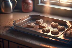 coração em forma dia dos namorados dia biscoitos em cozimento panela fresco Fora do a forno dentro caloroso cozinha - generativo ai. foto