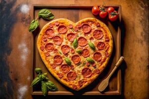 a sobrecarga do coração em forma dia dos namorados dia calabresa pizza em madeira corte borda com manjericão folhas e tomates - generativo ai. foto