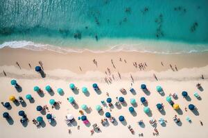 aéreo Visão do lotado branco areia de praia com pessoas banhos de sol e natação durante verão feriado. generativo ai. foto