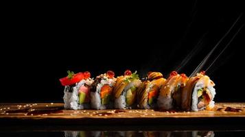 uma Sushi prato com uma Preto fundo. generativo ai foto