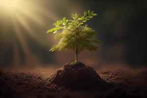 pequena árvore crescendo com sol no jardim. conceito ecológico foto