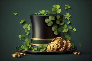 st. patrick's cartão com dois verde folha, uma verde chapéu e pilhas do ouro moedas foto