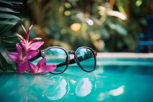 uma par do à moda oculos de sol mentira em uma lustroso azul à beira da piscina cadeira, ai gerado foto