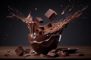 Sombrio chocolate espirrando com chocolate peças em uma de madeira mesa e Sombrio fundo. generativo ai foto