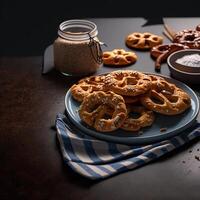 saboroso doce biscoitos em uma cozinha mesa. ai gerado foto