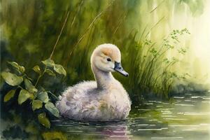 ai gerado fofa cygnet dentro a pântano. aguarela pintura do fofa jovem cisne animais. foto