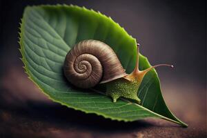 Caracol rastejando em uma folha. ai gerado foto