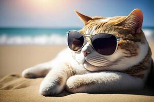 gato com oculos de sol arrepiante em a de praia. férias, feriado humor, relaxar. areia e mar, azul céu. viagem. generativo ai. foto