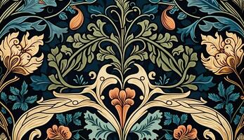 generativo ai, floral colorida padronizar. William Morris inspirado natural plantas e flores fundo, vintage ilustração. folk estilo foto