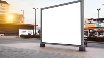 generativo ai, realista rua grande Painel publicitário zombar acima em branco para apresentação anúncio. ao ar livre placa em branco dentro a futurista cidade, o negócio conceito foto