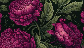 generativo ai, floral padronizar. William Morris inspirado natural plantas e Viva magenta peônia flores fundo, vintage ilustração. folhagem ornamento. foto