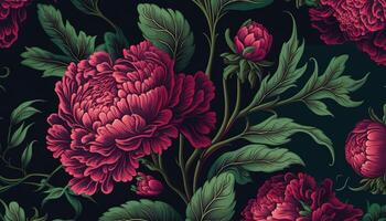 generativo ai, floral padronizar. William Morris inspirado natural plantas e Viva magenta peônia flores fundo, vintage ilustração. folhagem ornamento. foto