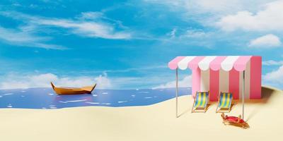 3d verão viagem conceito com Rosa guarda-chuva, sombrinha, à beira-mar, barco, caranguejo, de praia cadeira isolado em azul céu fundo. 3d render ilustração foto