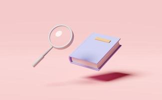 livro didático, livro com ampliação vidro ícone isolado em Rosa fundo. 3d render ilustração foto