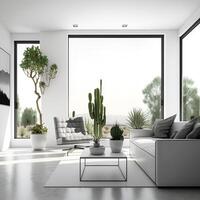 contemporâneo vivo quarto estético com plantar e branco parede e panorâmico janelas - ai gerado imagem foto