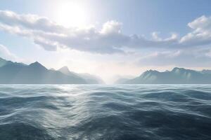 oceano mar Visão legal montanha dentro fundo, nublado céu, luz solar generativo ai foto
