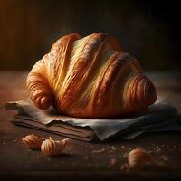 a fresco croissant é colocada em a pano em a tabela, generativo ai. foto