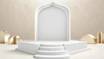 branco suave pastel pódio islâmico fundo. Ramadhan enfeite em branco suave tapete fundo. moderno abstrato Projeto modelo foto