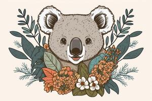 coala face desenho animado com floral. ai gerado foto
