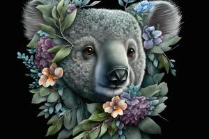 3d coala face com floral. ai gerado foto