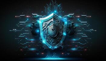 abstrato tecnologia o circuito borda fundo com escudo símbolos conceito do dados proteção e cyber privacidade. generativo ai foto