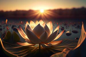 lindo lótus flor ou água lírio e folhas dentro uma lagoa com luz solar e brilho do sol dentro a manhã, generativo ai foto