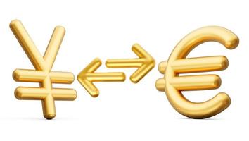 3d dourado iene e euro símbolo ícones com dinheiro troca Setas; flechas em branco fundo, 3d ilustração foto