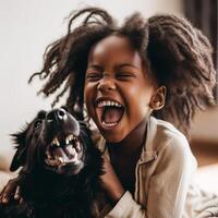 foto do uma fofa pequeno menina rindo enquanto jogando com dela cachorro. ai gerado. mundo riso dia