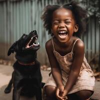 foto do uma fofa pequeno menina rindo enquanto jogando com dela cachorro. ai gerado. mundo riso dia