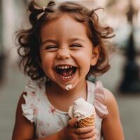 foto do uma fofa pequeno menina rindo e comendo gelo creme ai gerado. mundo riso dia