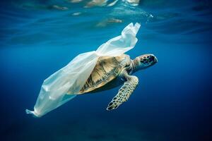 tartaruga preso dentro plástico lixo flutuando dentro a norte pacífico, embaixo da agua fotografia. a conceito do a ecológico desastre causou de plástico lixo. ai gerado foto